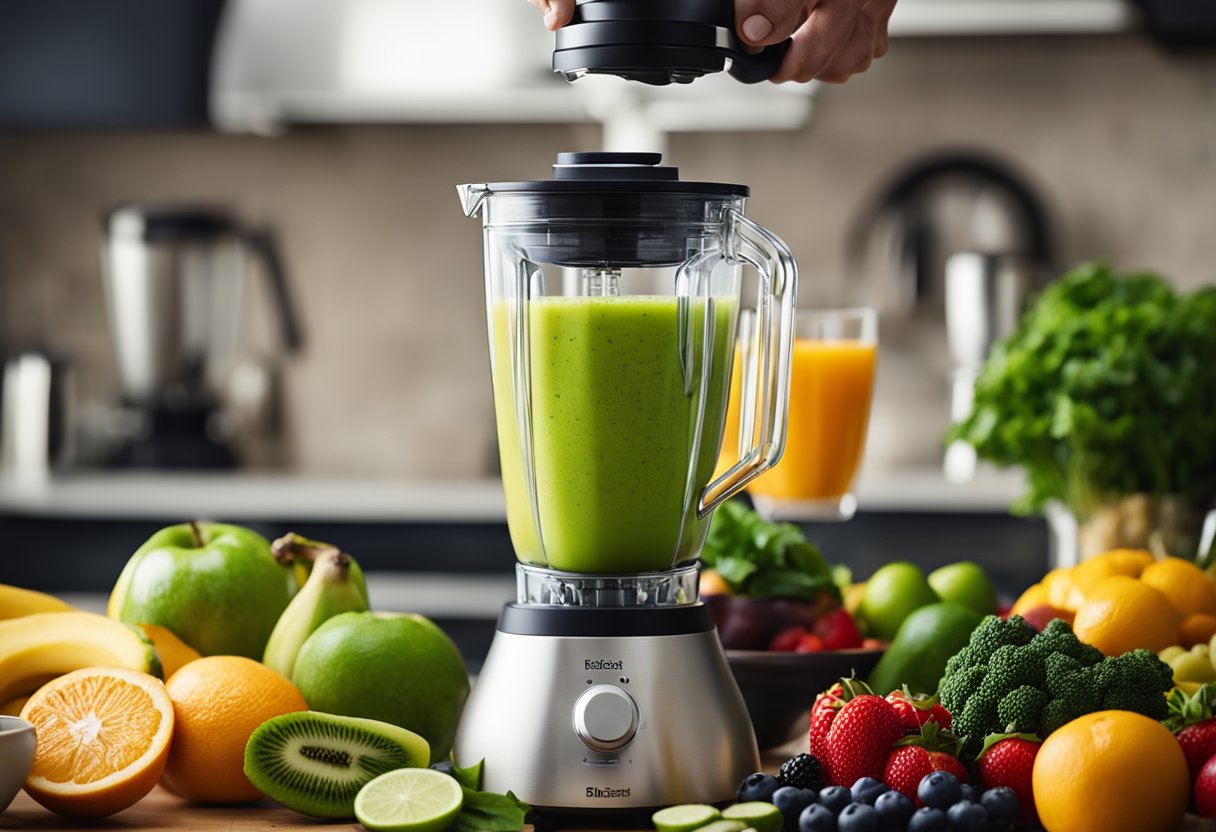 How to make fat burning drink: A blender whirs as ingredients like fruits, vegetables, and green tea are being mixed together to create a fat-burning drink