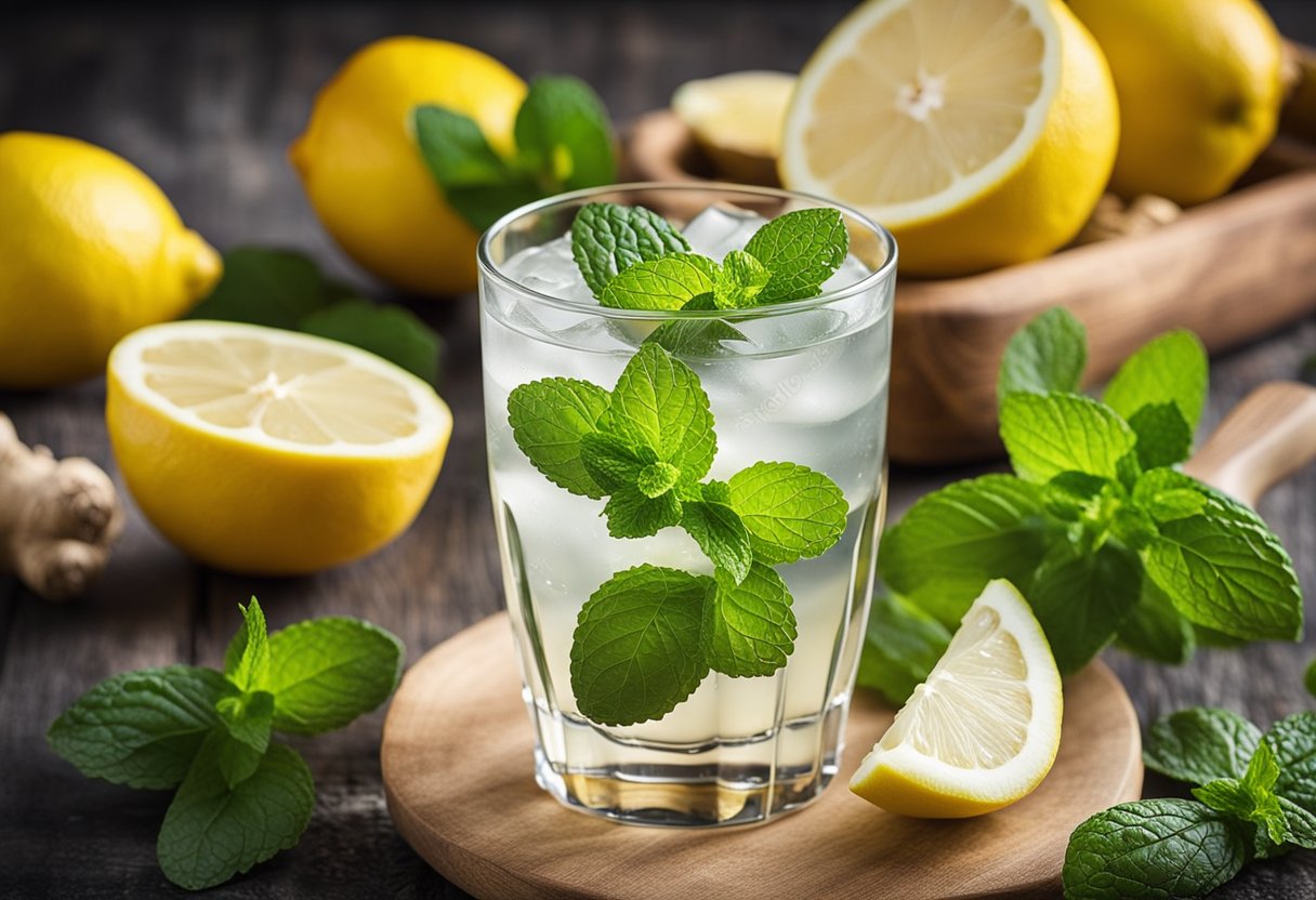 How to make fat burning drink: A table with ingredients: lemon, ginger, mint, and water. Lemon aids digestion, ginger boosts metabolism, mint curbs cravings