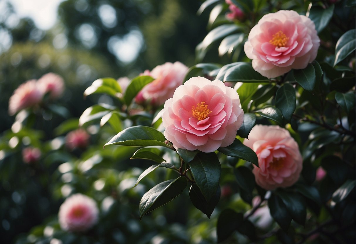 A camellia tree blooms in a landscaped garden, surrounded by lush greenery and vibrant flowers