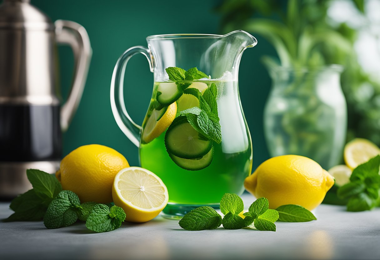 How to make fat burning drink: A glass pitcher filled with a vibrant green liquid surrounded by fresh ingredients like lemons, cucumbers, and mint leaves