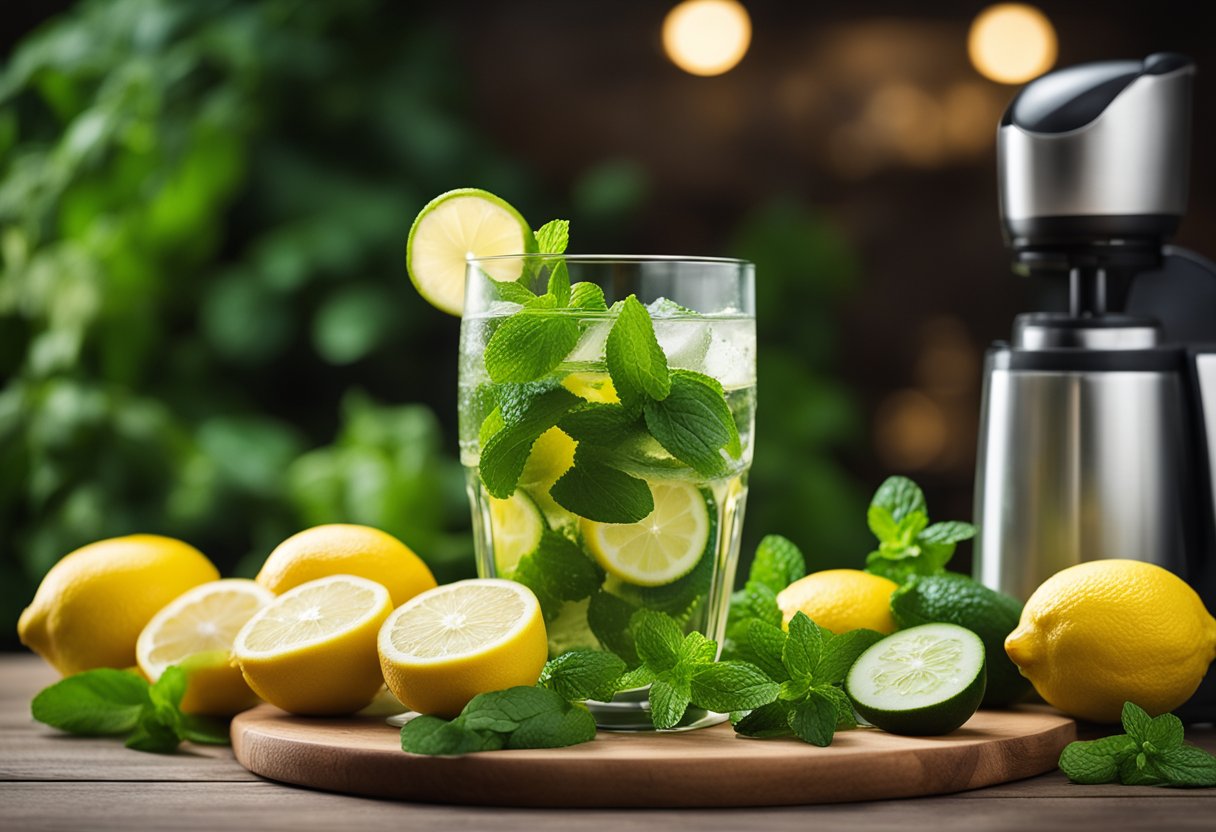 How to make fat burning drink: A table with various ingredients such as lemons, cucumbers, mint, and water, along with a blender and a glass filled with a refreshing green fat-burning drink