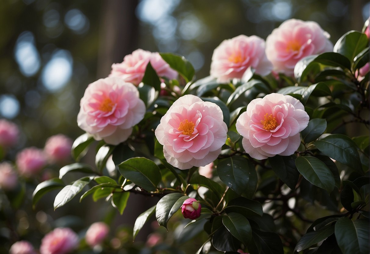 A blooming camellia tree with various flower profiles