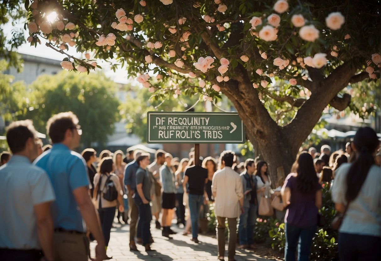 A blooming camellia tree surrounded by curious onlookers with a sign reading "Frequently Asked Questions" hanging from one of its branches