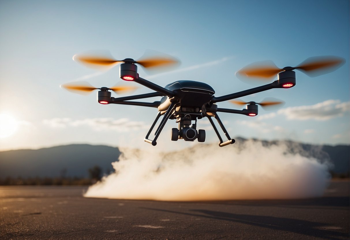 A stunt drone performs a mid-air flip, leaving colorful smoke trails against a clear blue sky