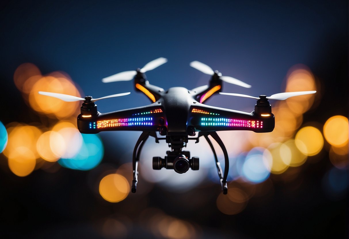 A stunt drone performing a mid-air flip with colorful LED lights against a dark sky