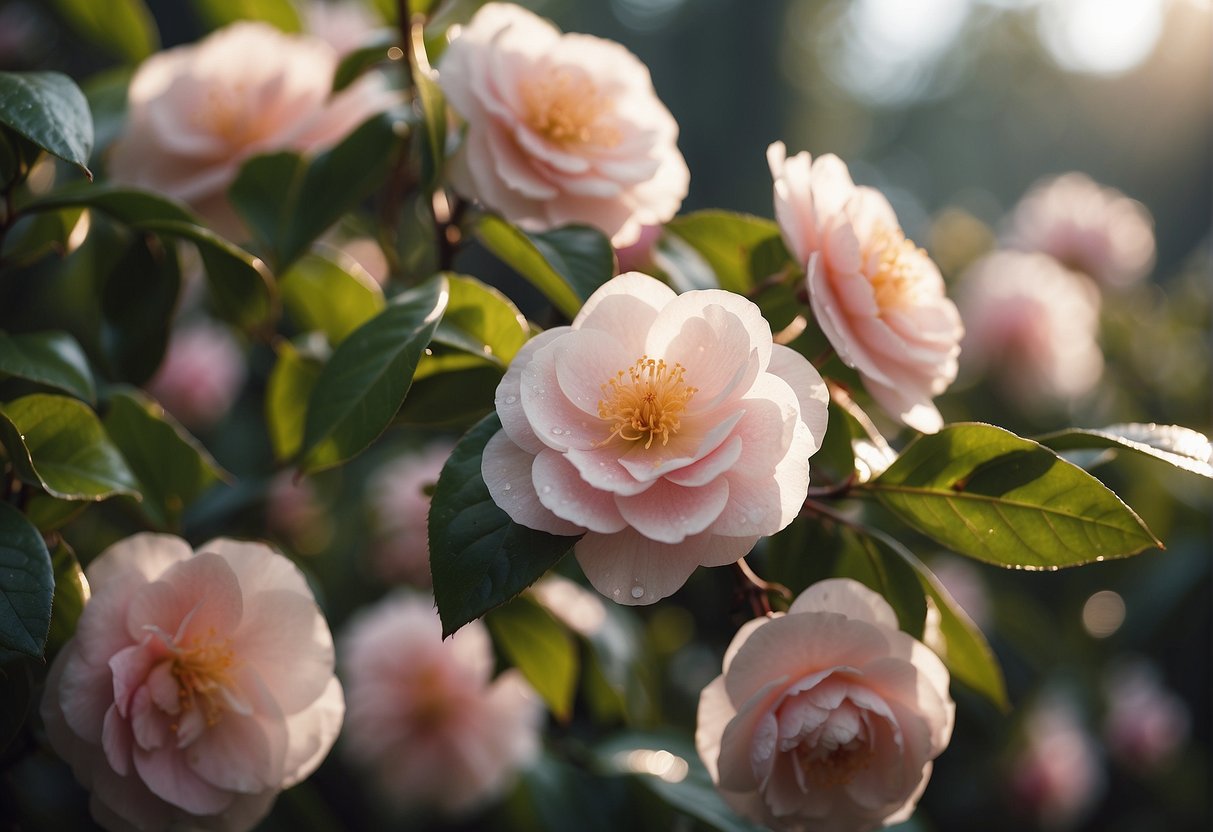 A garden filled with blooming camellia early pearly flowers. Dew glistens on the delicate petals, and the morning sun casts a soft glow