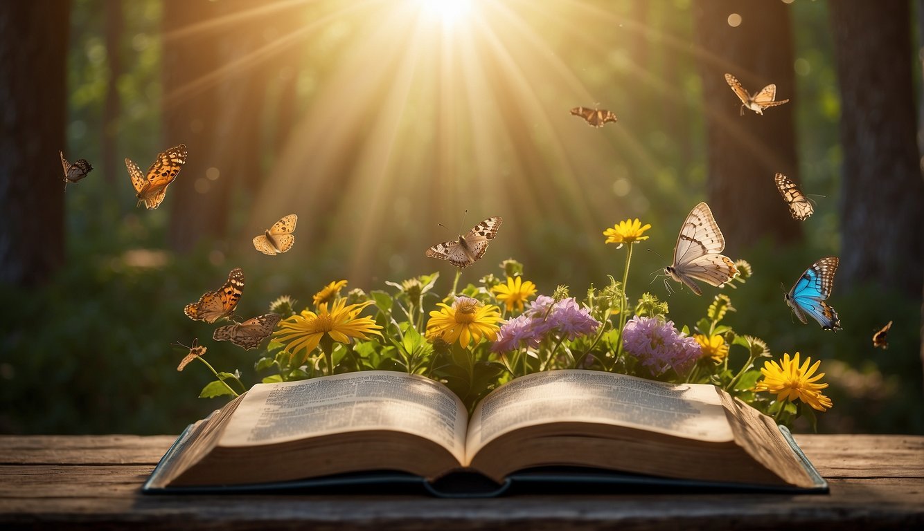 Colorful illustrations of animals and nature scenes surrounding an open Bible, with rays of light shining down onto the pages