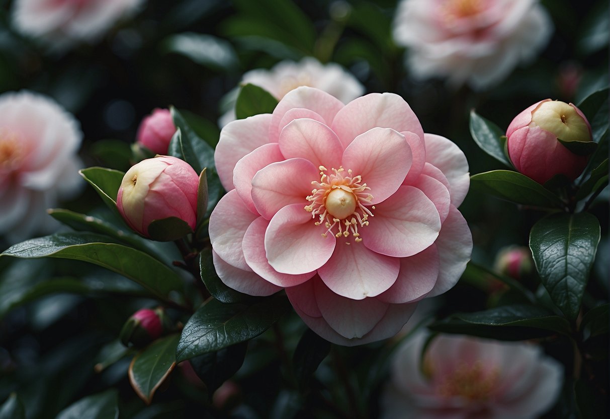 A close-up of a blooming Camellia early pearly with vibrant pink and white petals against a backdrop of glossy, dark green leaves