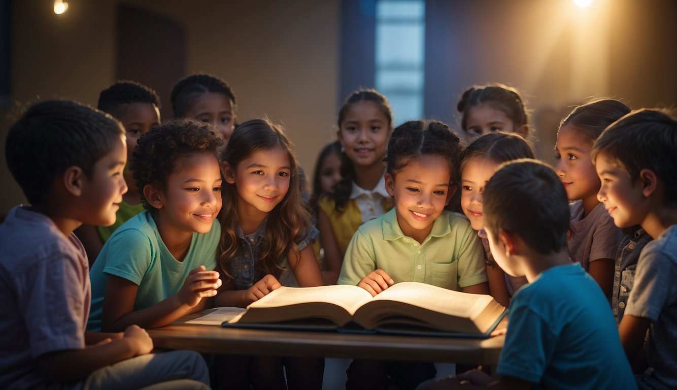 Children and youth gather around an open Bible, eagerly listening as a teacher uses colorful visuals and interactive activities to bring the stories to life