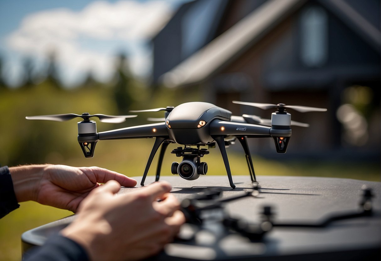 A hand reaches out to pick up a sleek stunt drone from a display table, with other drones and accessories in the background