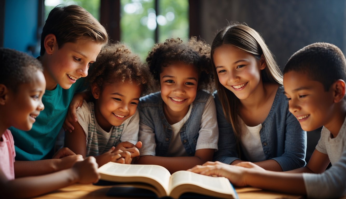 Children and youth gather around a colorful, interactive Bible with engaging visuals and activities. Different age groups are represented, showing diverse ways to connect with the scriptures