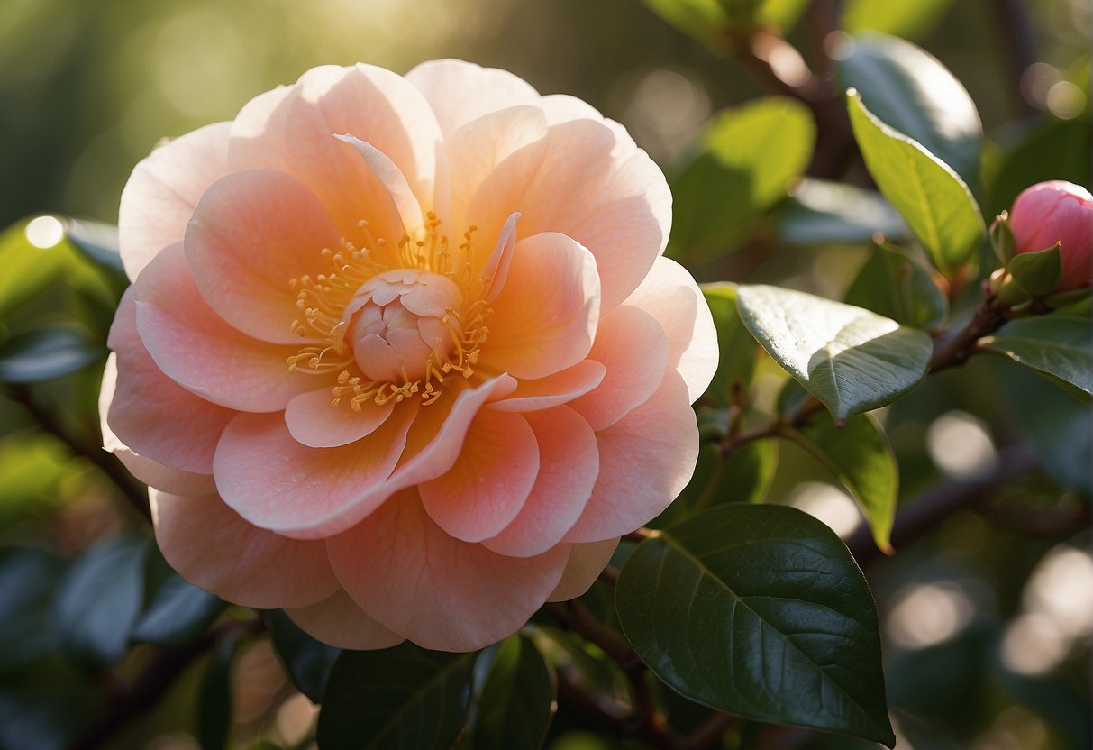 A bright, sunny day illuminates the delicate petals of the Camellia "Early Pearly" flowers, showcasing their sun tolerance. The vibrant blooms stand out against the lush green foliage, creating a picturesque scene