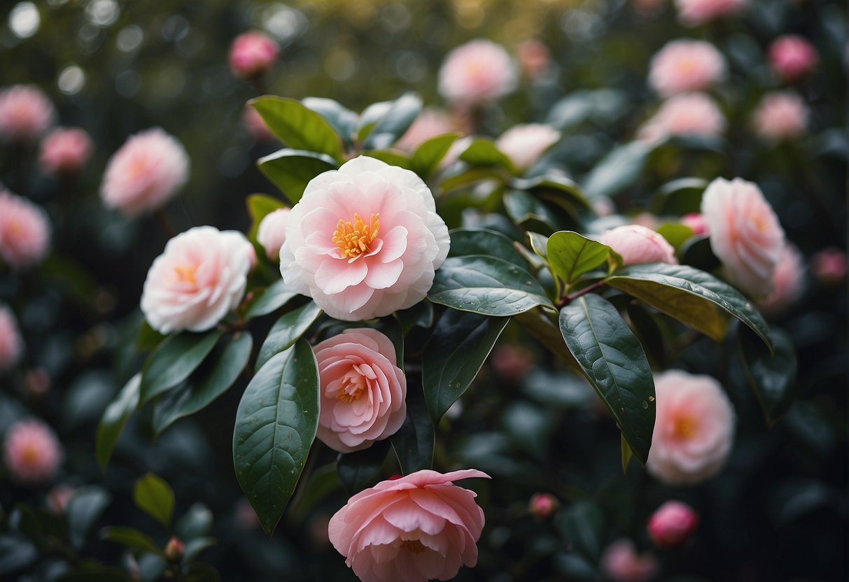 A garden filled with blooming camellias in various colors and sizes, including the delicate and elegant Camellia Early Pearly