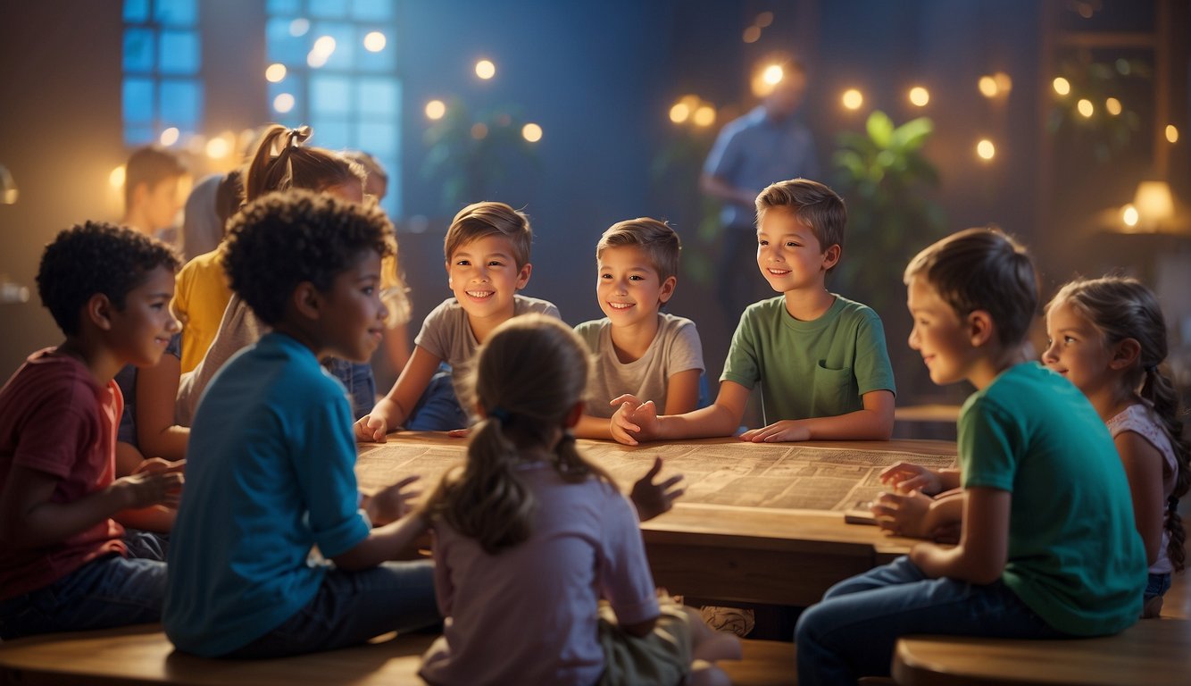 Children and youth eagerly explore the Bible through interactive activities and discussions, surrounded by vibrant illustrations and engaging materials