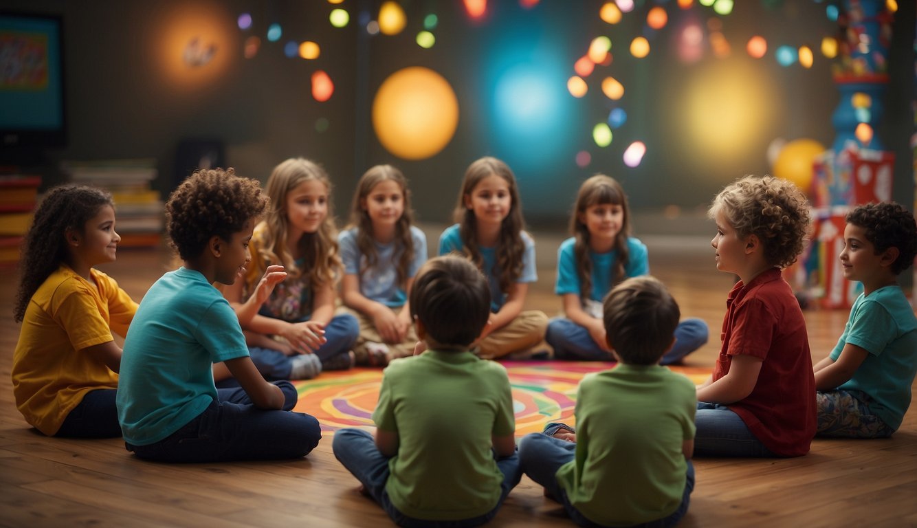 Children and youth sit in a circle, surrounded by colorful visuals of Bible stories. A teacher uses interactive props and technology to engage them in learning