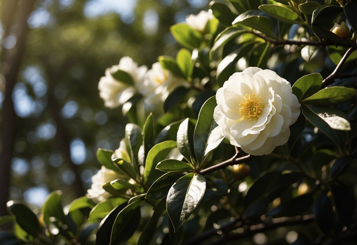 Lush green camellias bloom under the bright Australian sun