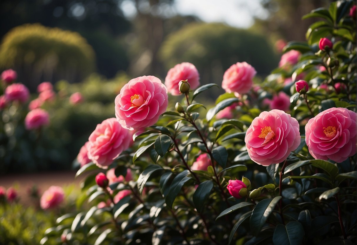 Lush garden bed with vibrant sun-tolerant camellias in bloom, set against a backdrop of Australian landscape