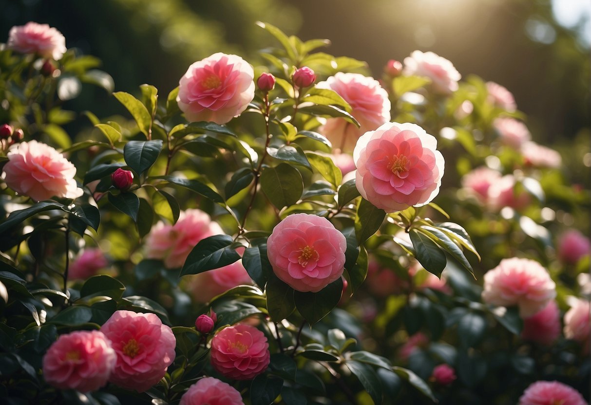 A vibrant garden with sun-kissed camellias in full bloom, surrounded by lush green foliage and bathed in warm sunlight