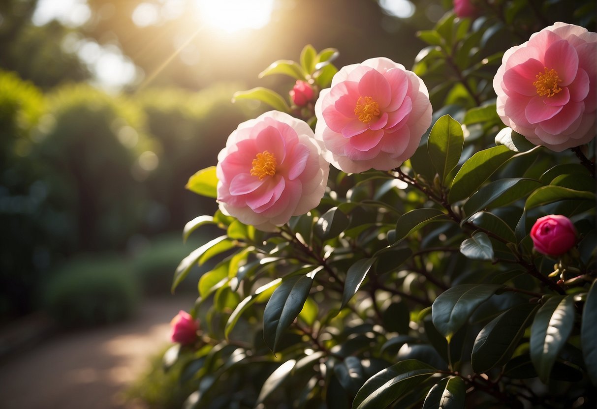 A lush garden with vibrant sun-tolerant camellias in full bloom, surrounded by native Australian flora and bathed in warm sunlight