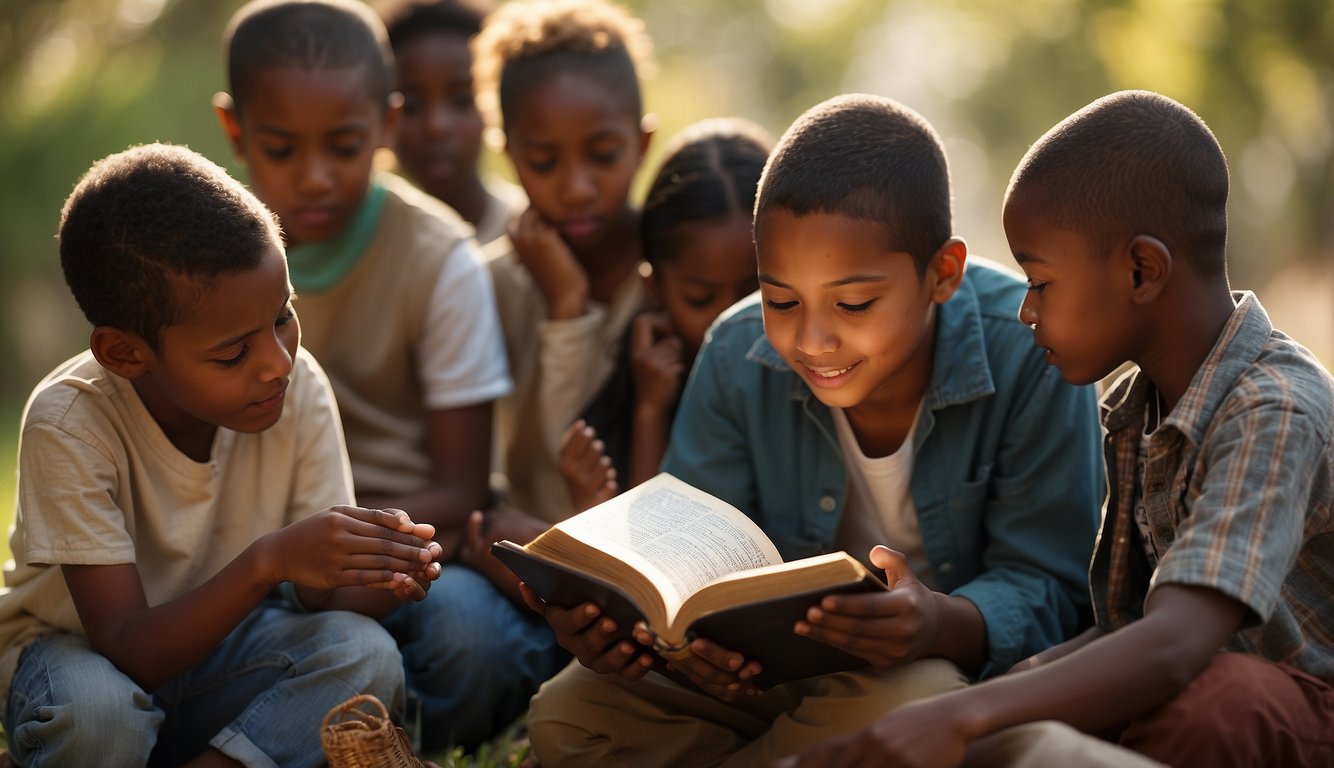 Children and youth interacting with the Bible in a culturally relevant setting. Symbols of different cultures surrounding the open Bible