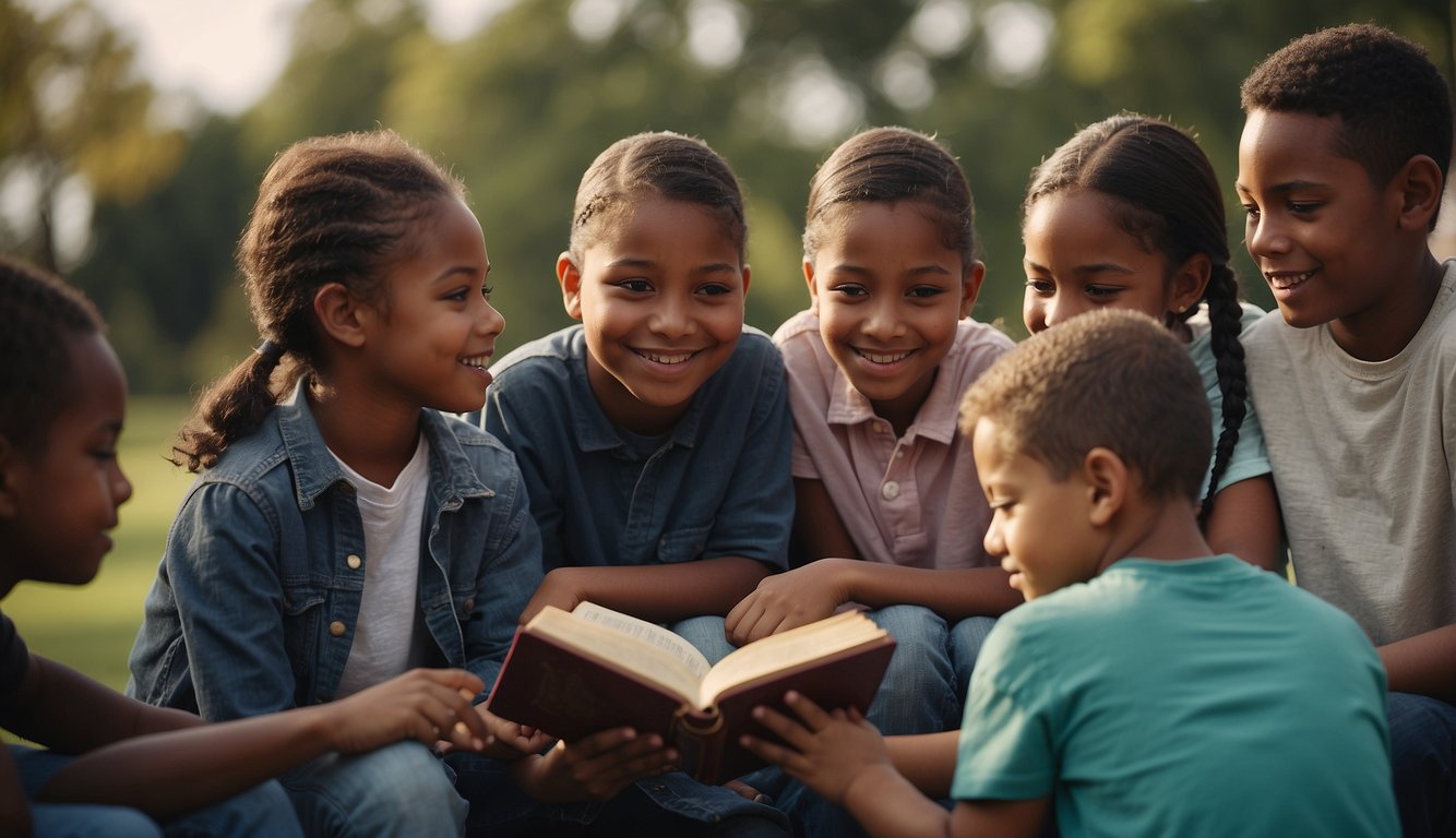 Children and youth gathered around an open Bible, eagerly listening as a diverse group of people share stories and engage in discussions