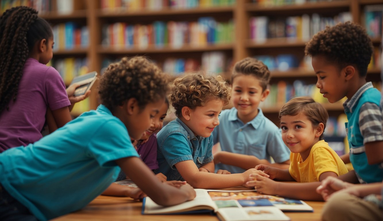 Children and youth interacting with colorful, interactive Bible activities, surrounded by books and educational materials