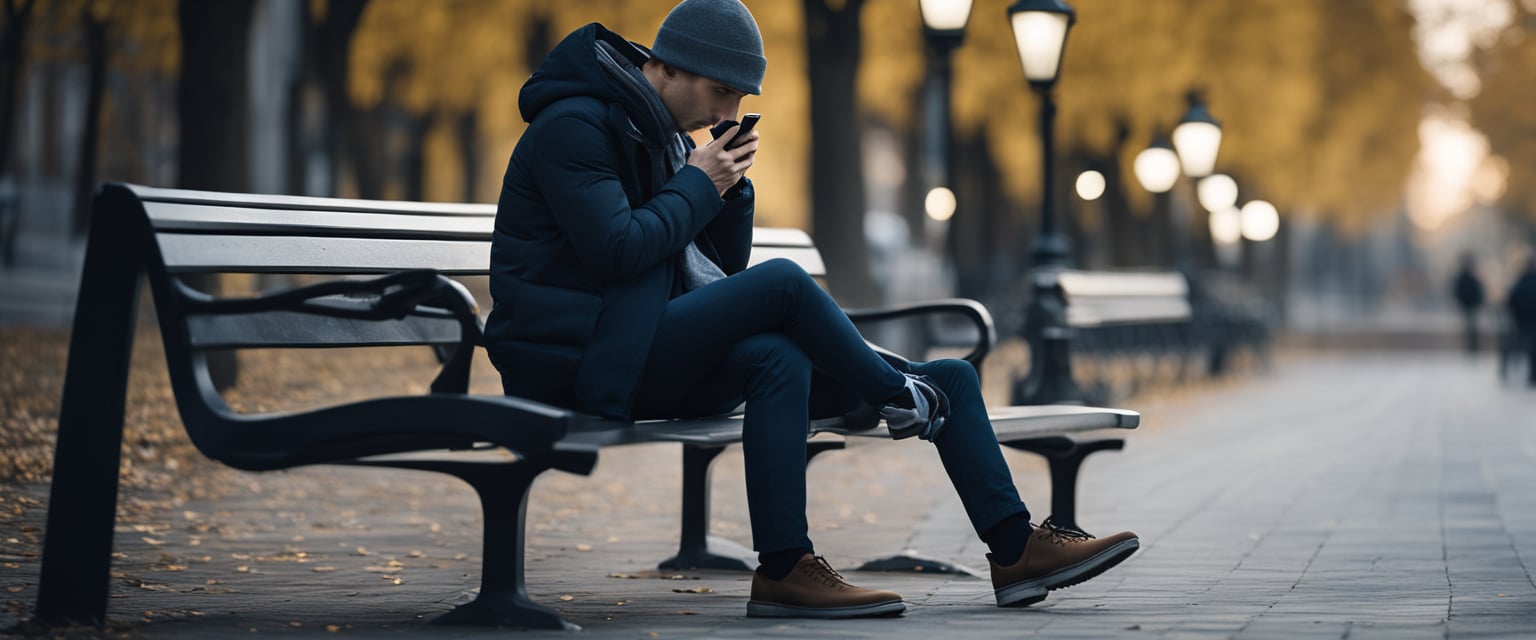 A person sitting alone on a bench, surrounded by empty space and looking at a phone with a sad expression. The surroundings are dimly lit, reflecting the feeling of loneliness and distance