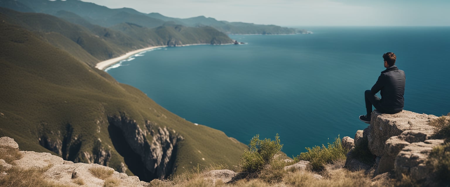 A figure sits alone on a cliff, staring out at the vast expanse of the ocean, lost in thought and emotion