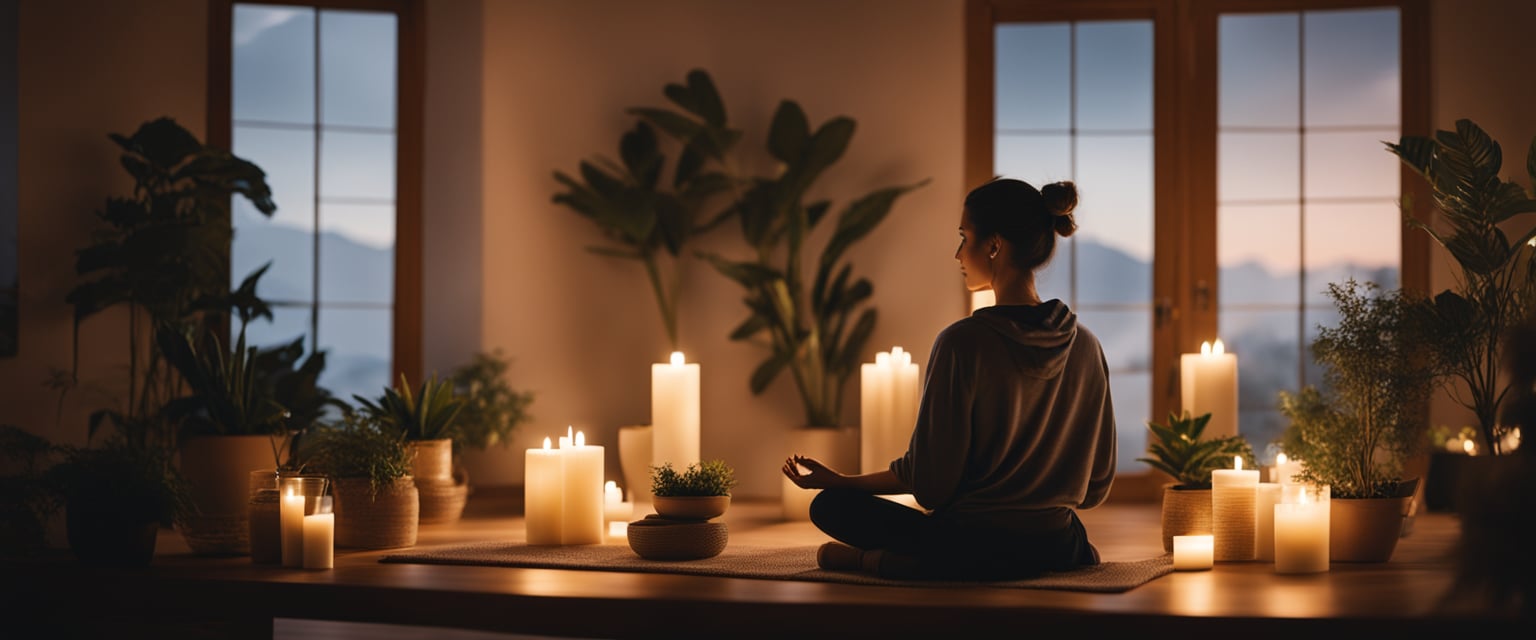 A serene figure sits in a cozy room, surrounded by calming elements like candles and plants, engaging in self-care activities like meditation or journaling