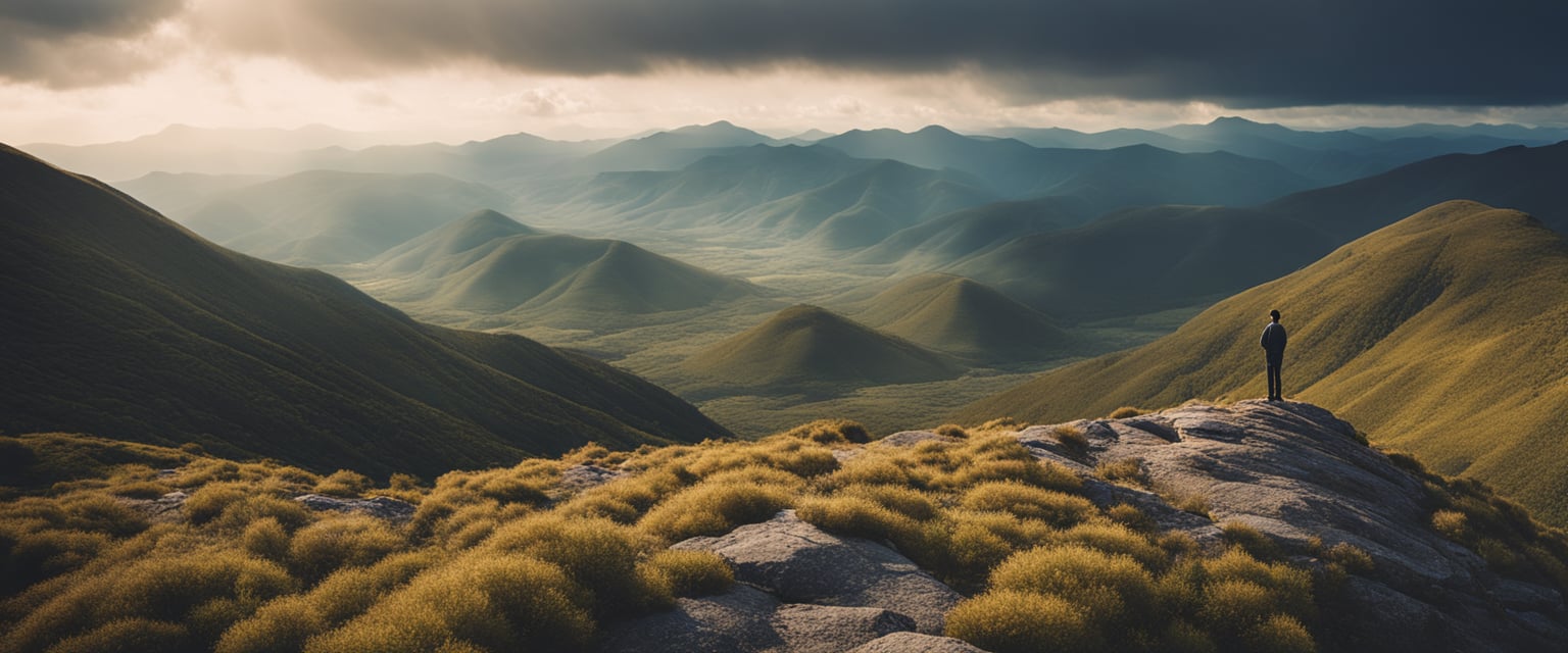 A figure standing alone on a mountaintop, gazing out at a vast and open landscape, symbolizing the journey of reestablishing individual identity after a long-distance breakup