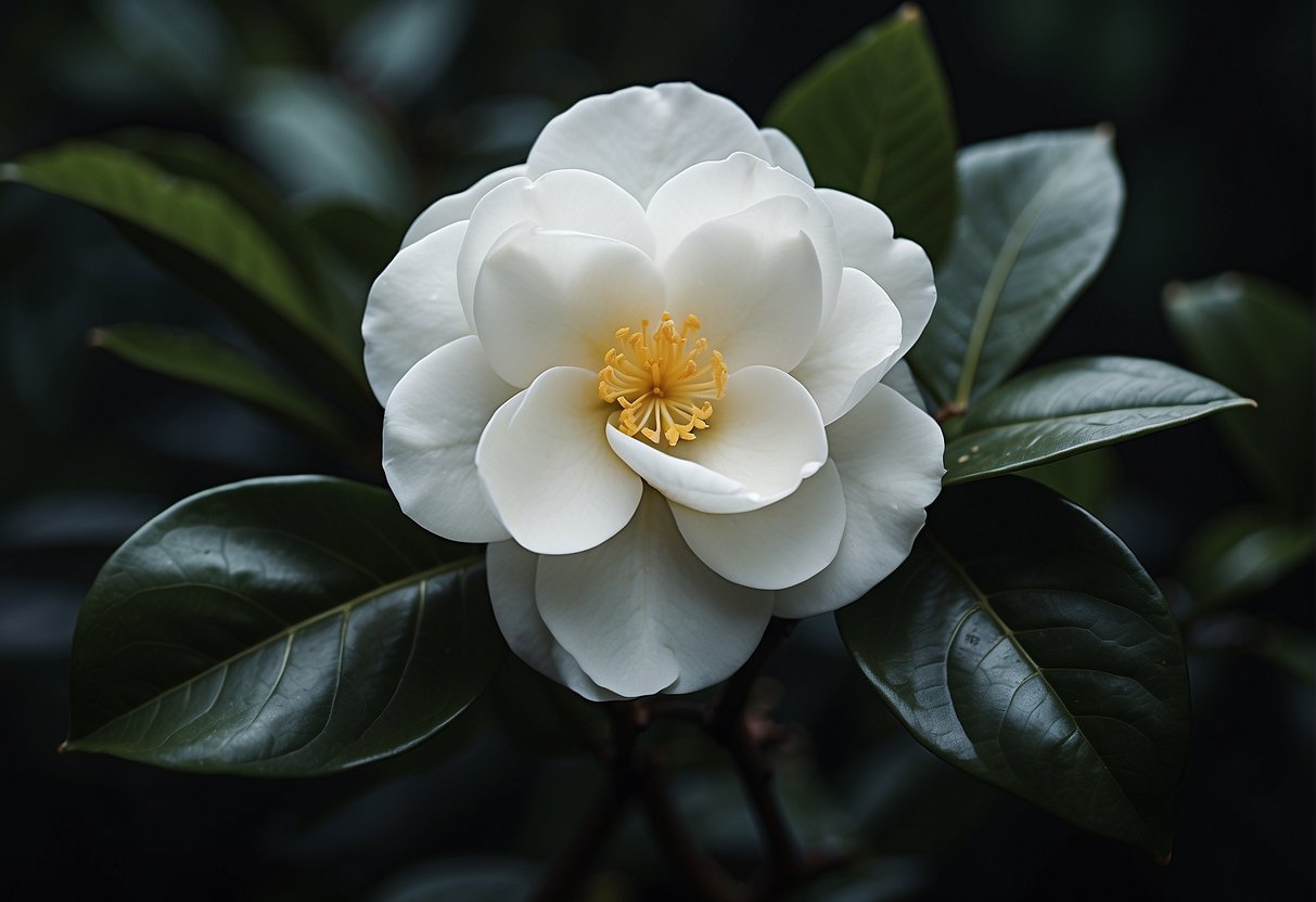 A single camelia white flower blooms against a backdrop of dark green leaves