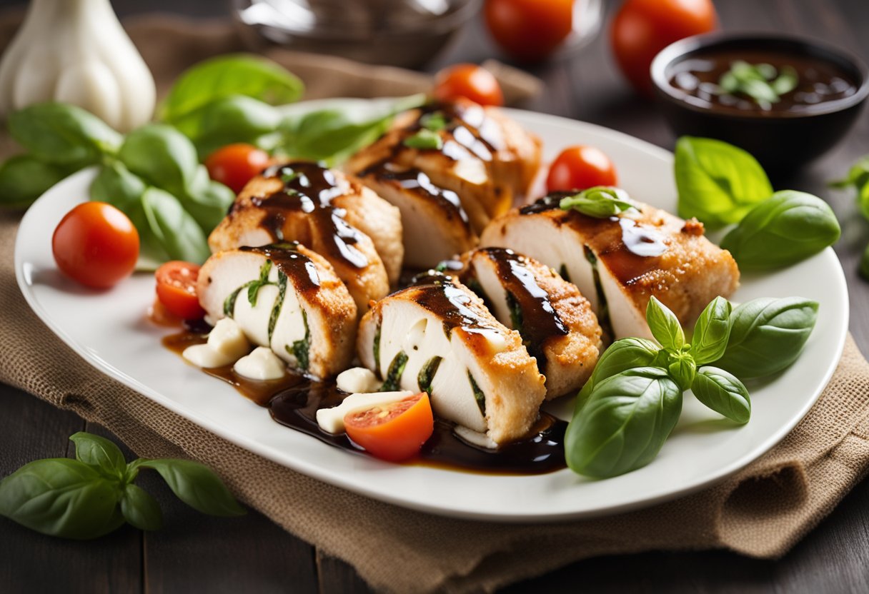 Fresh basil, ripe tomatoes, and mozzarella cheese stuffed inside a juicy chicken breast, drizzled with balsamic glaze