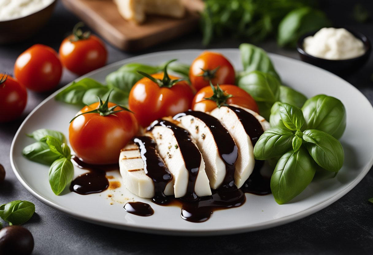 Fresh tomatoes, mozzarella, basil, and balsamic glaze on a plate. Chicken breasts stuffed with the same ingredients. A chef's knife and cutting board nearby