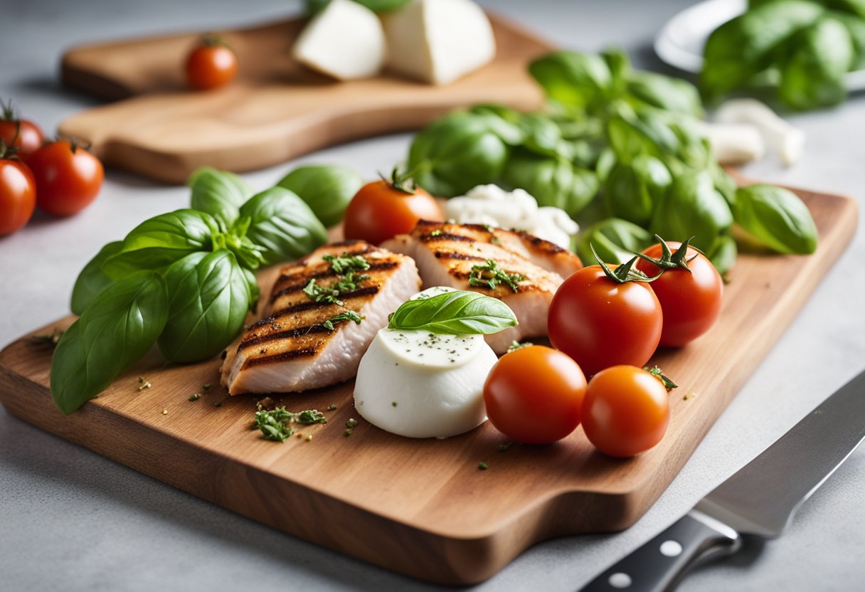 Fresh basil, ripe tomatoes, mozzarella, and seasoned chicken breast arranged on a cutting board