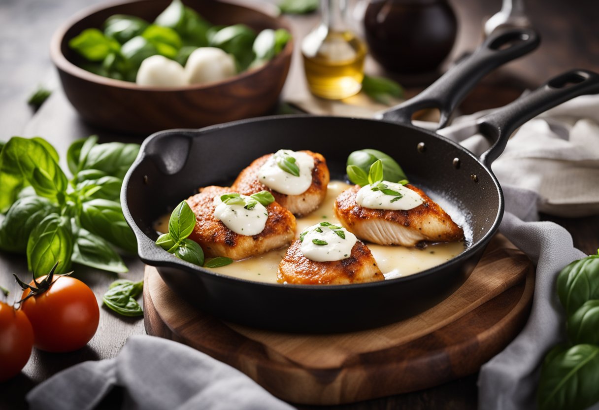 A chicken breast is being stuffed with mozzarella, tomato, and basil, then seasoned and seared in a skillet