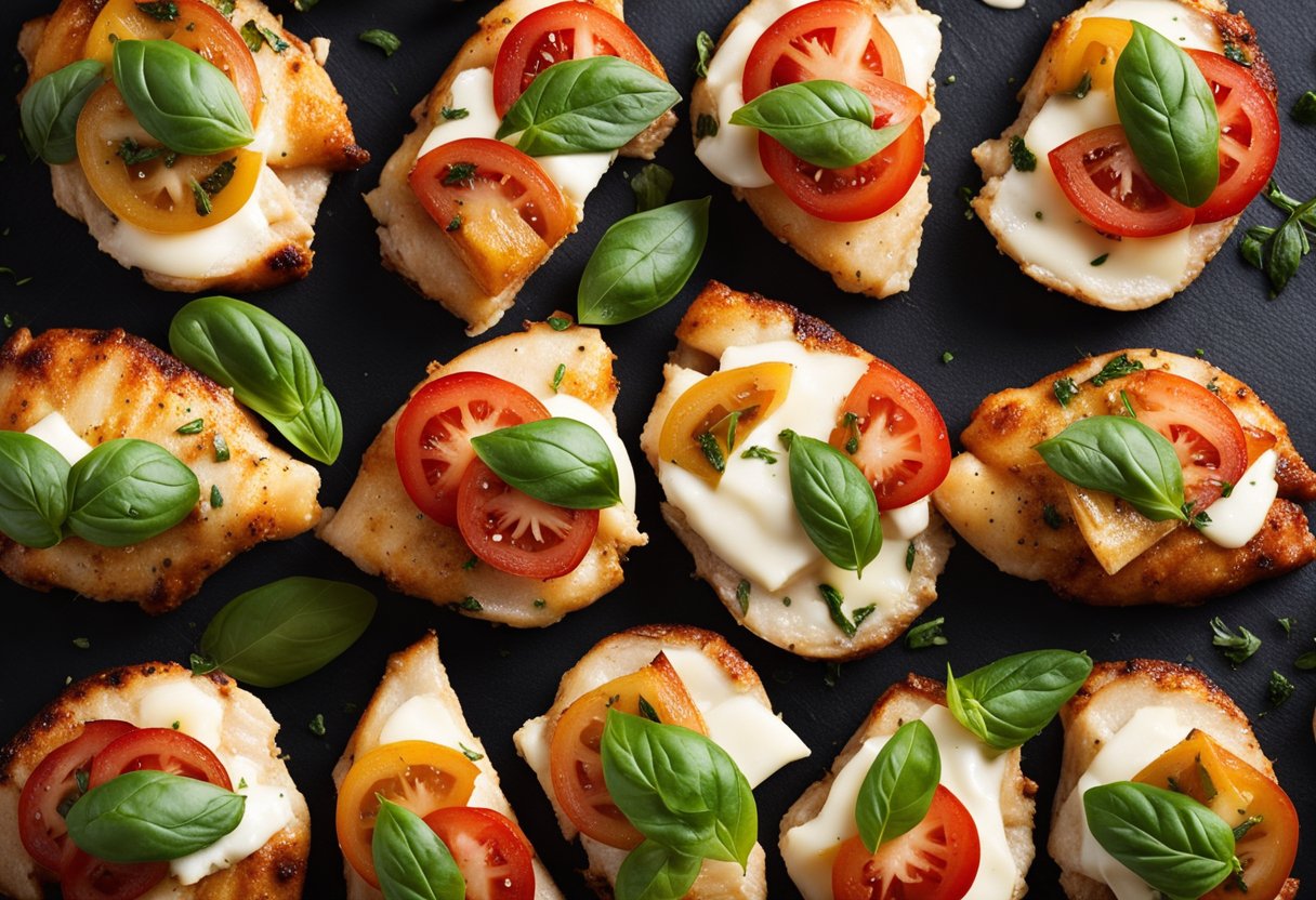 A chicken breast is stuffed with mozzarella, tomatoes, and basil, then seared and baked until golden brown