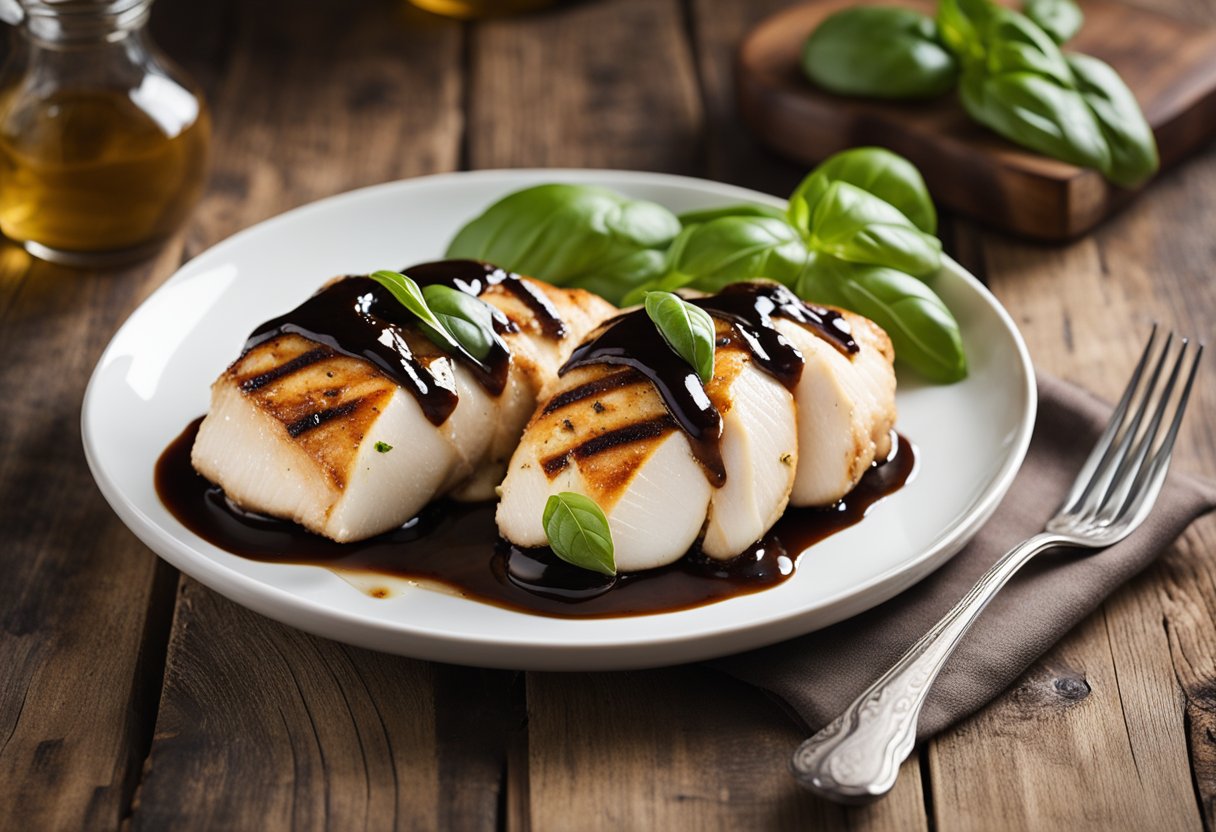 A platter of Caprese Stuffed Chicken, garnished with basil leaves and drizzled with balsamic glaze, sits on a rustic wooden table