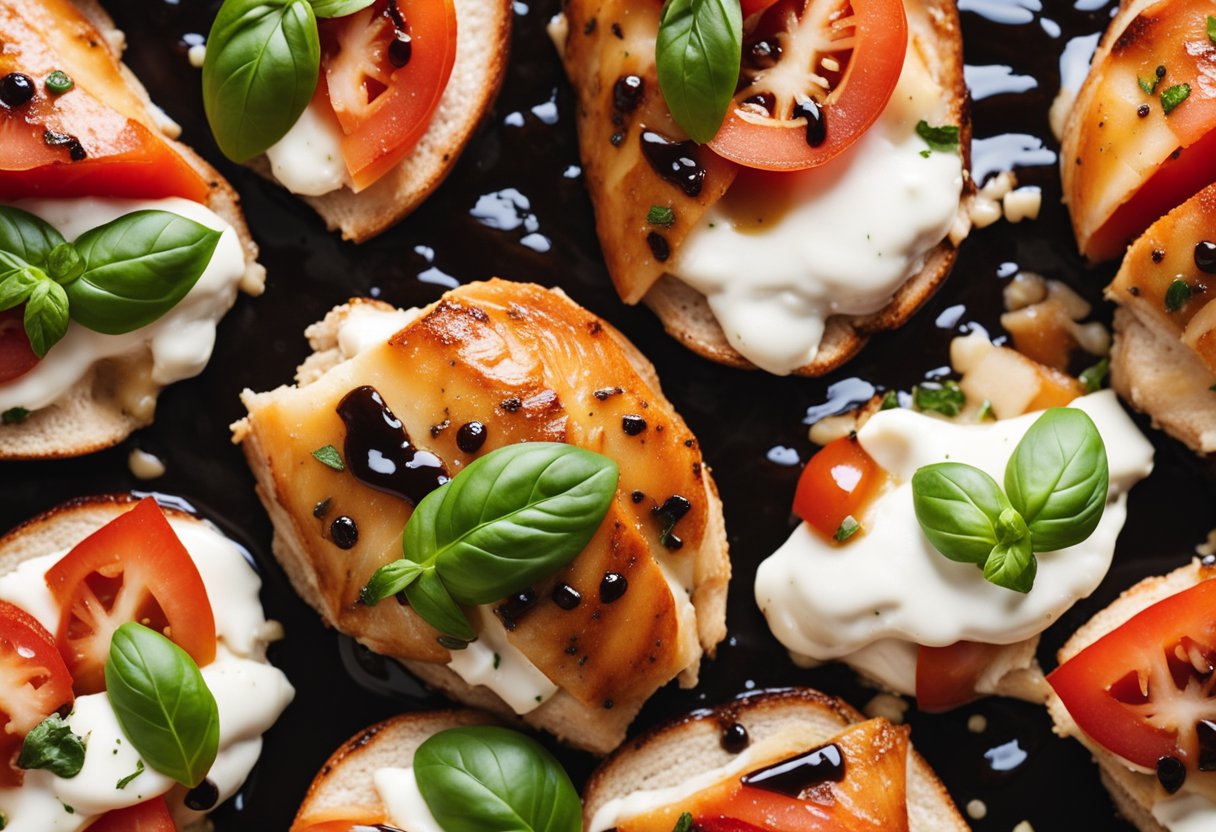 A plump chicken breast is stuffed with ripe tomatoes, fresh basil, and creamy mozzarella, all topped with a drizzle of balsamic glaze