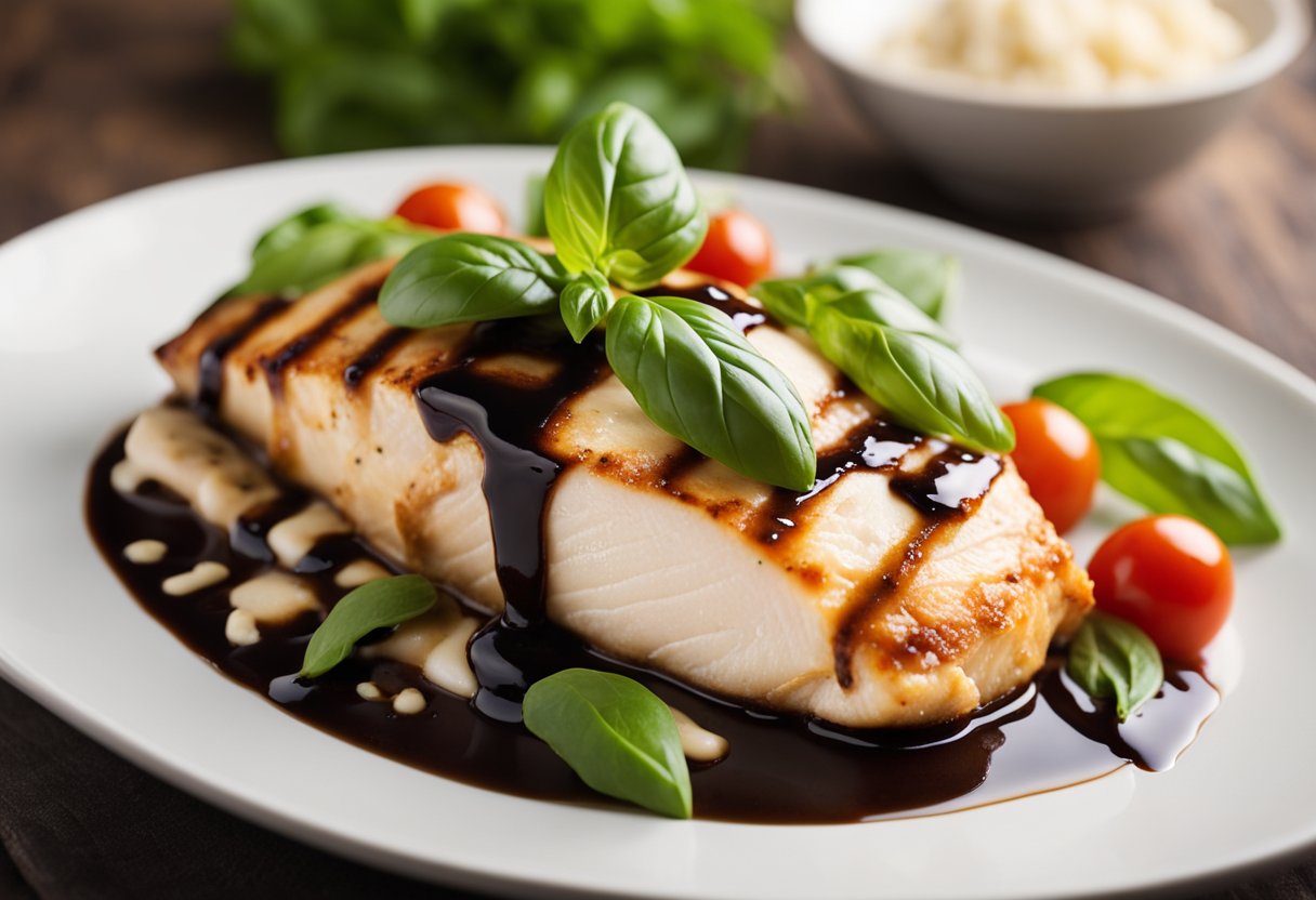 A plump chicken breast stuffed with mozzarella, tomatoes, and basil, drizzled with balsamic glaze, and garnished with fresh basil leaves