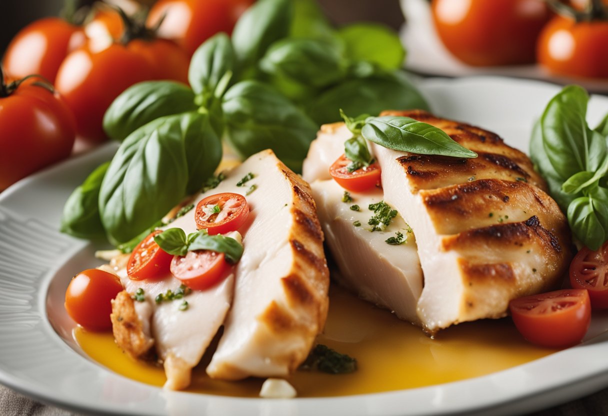 A plump chicken breast is sliced open and filled with fresh tomatoes, basil, and mozzarella, then baked to golden perfection