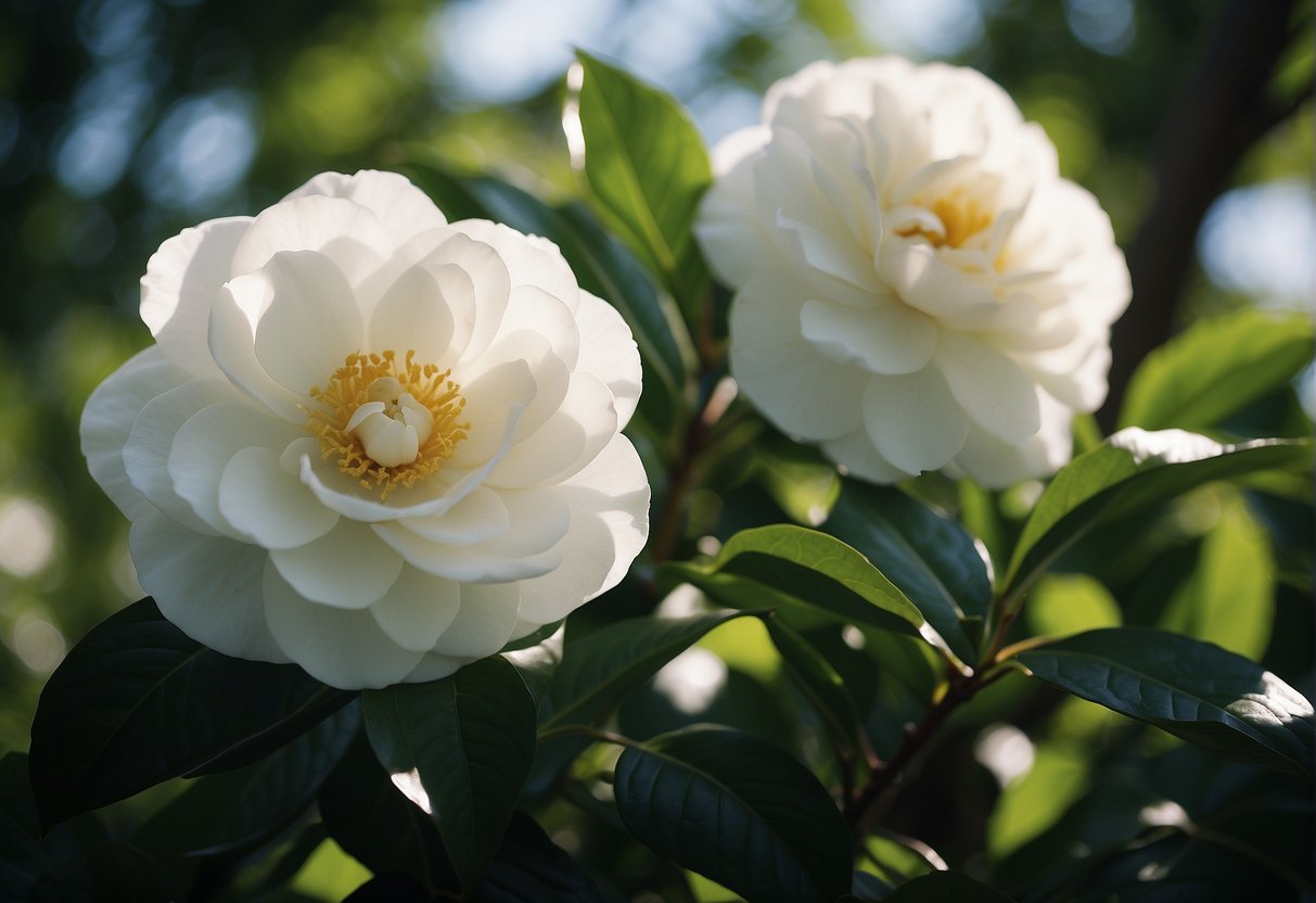 A white camellia blooming in a lush garden, surrounded by vibrant green leaves and bathed in soft sunlight