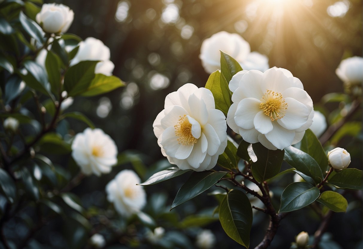 A sun-drenched Australian garden showcases white camellia flowers in full bloom