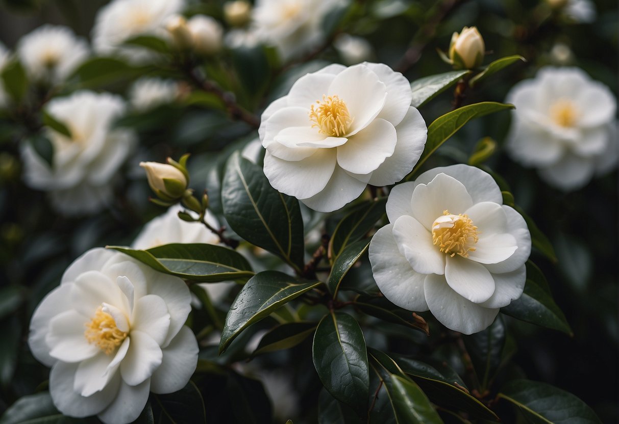 A garden filled with various camellia plants, showcasing the stunning white blooms of leading camellia varieties