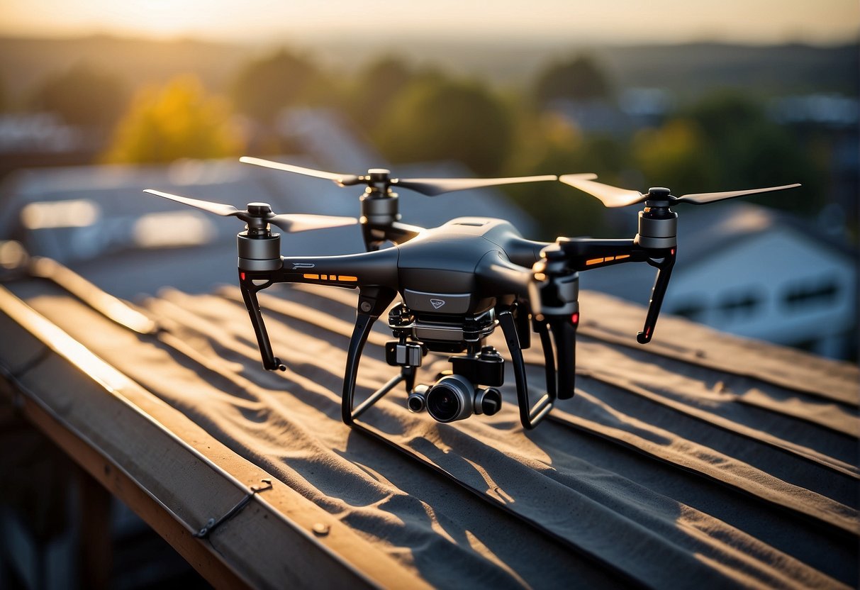 A drone hovers above a roof, capturing detailed images. Its high-resolution camera captures the condition of the roof, providing accurate data for inspection