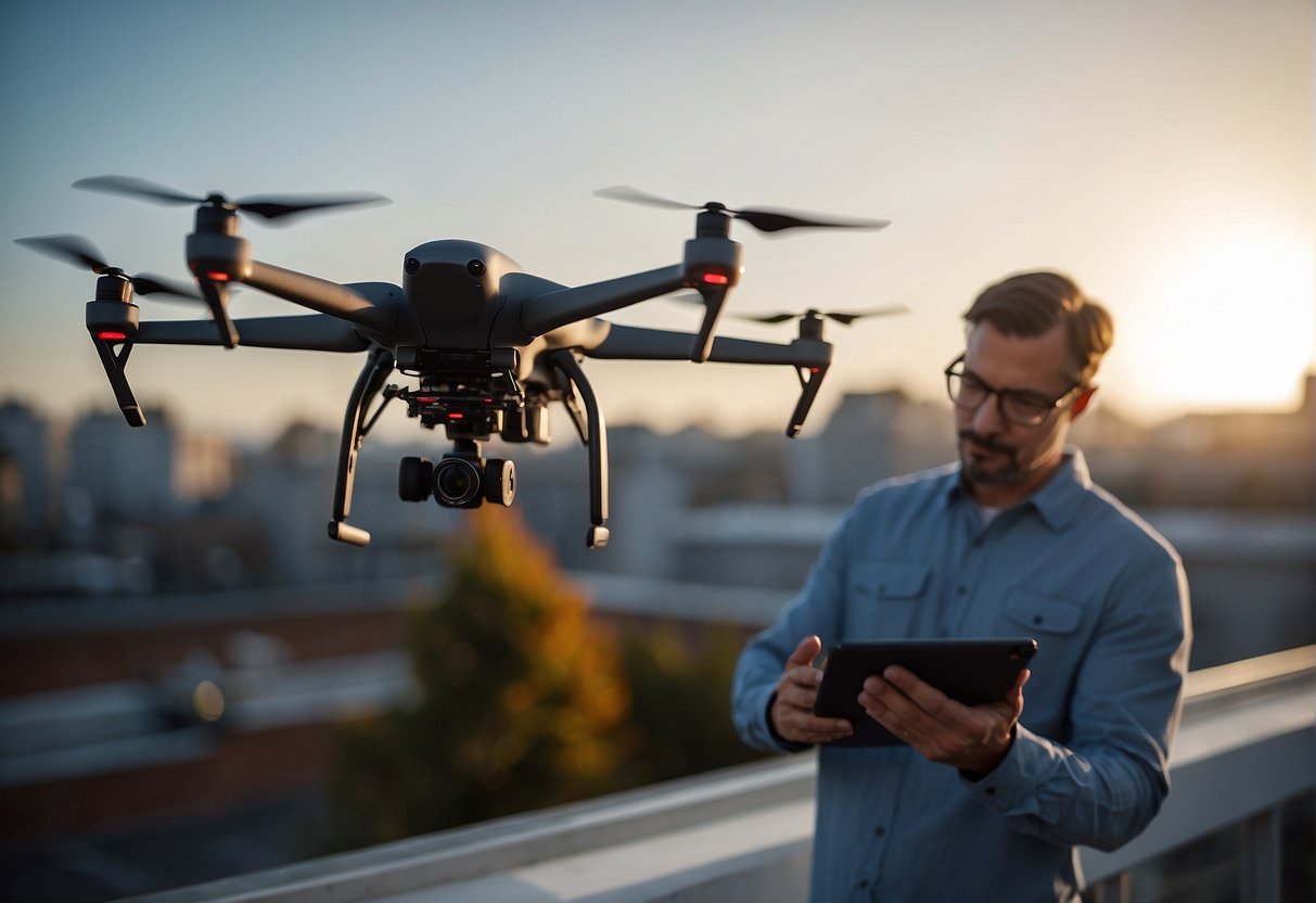 A drone hovers above a rooftop, capturing images of its surface. A technician monitors the drone's flight and inspects the live feed on a tablet