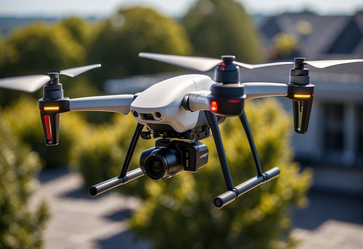 A drone hovers above a rooftop, capturing detailed images for inspection. Its high-resolution camera and stabilizing technology ensure accurate data collection