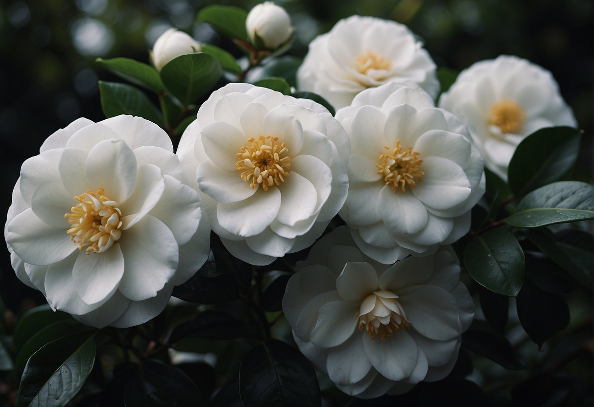 A white camellia bush blooms in a lush garden, its delicate petals contrasting against the dark green foliage