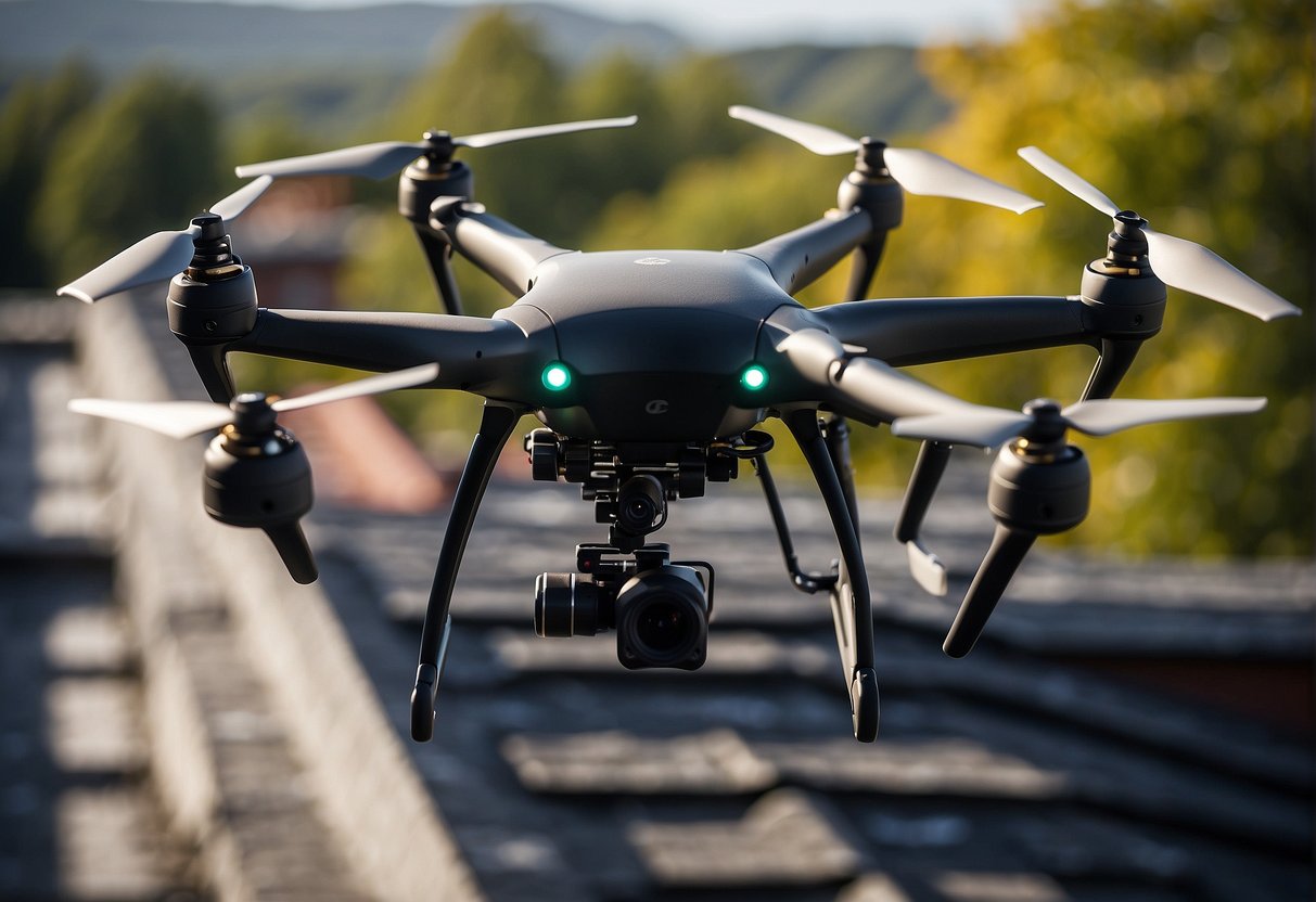 A drone hovers above a roof, capturing detailed images. It navigates around obstacles and transmits data to a technician below