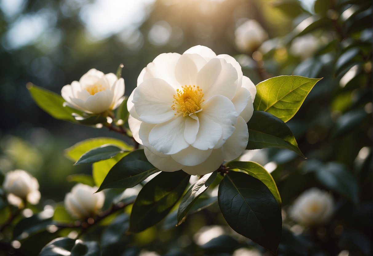A white camellia bush blooms in a serene garden, its delicate petals catching the morning sunlight