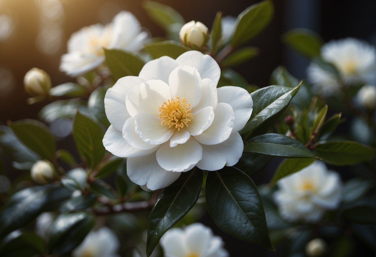 A white camellia bush blooms in a well-tended garden, its delicate petals opening to reveal its popular variety